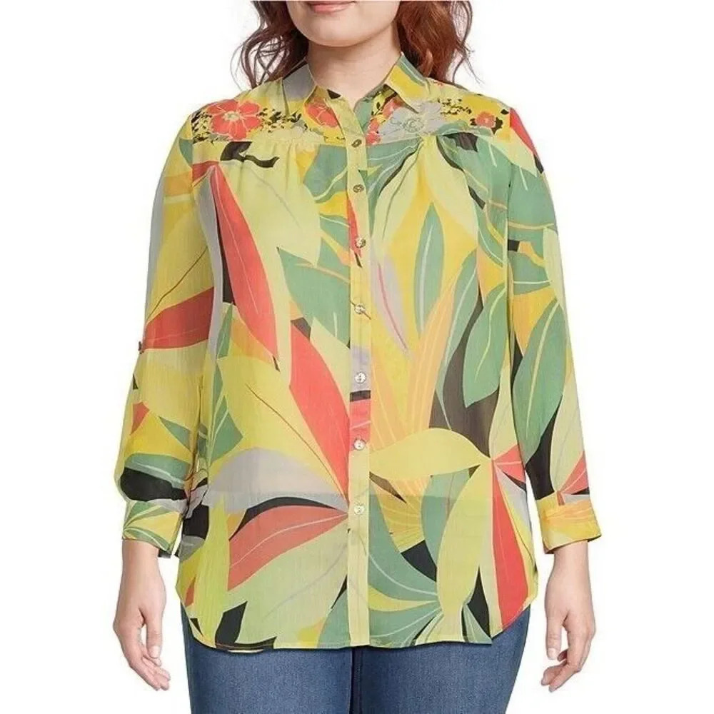 Figueroa & Flower Tops Abstract Prints Roll-Tab Sleeves Semi-Sheer Plus Size 2X
